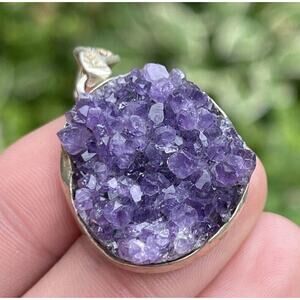 Vintage Sterling Silver 925 Amethyst Geode Pendant Necklace Vintage Raw Amethyst
